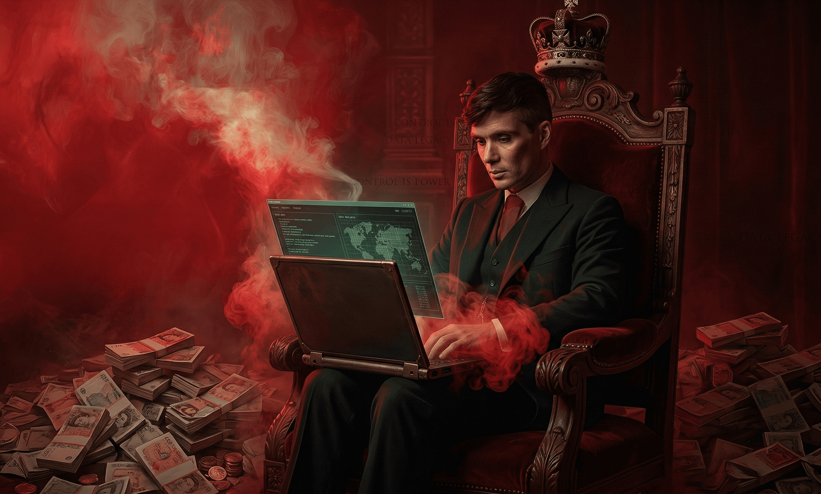 Cinematic digital art of a Peaky Blinders style entrepreneur sitting on a royal velvet throne, working on a futuristic laptop surrounded by stacks of cash and red smoke, symbolizing AI wealth and the millionaire blueprint.