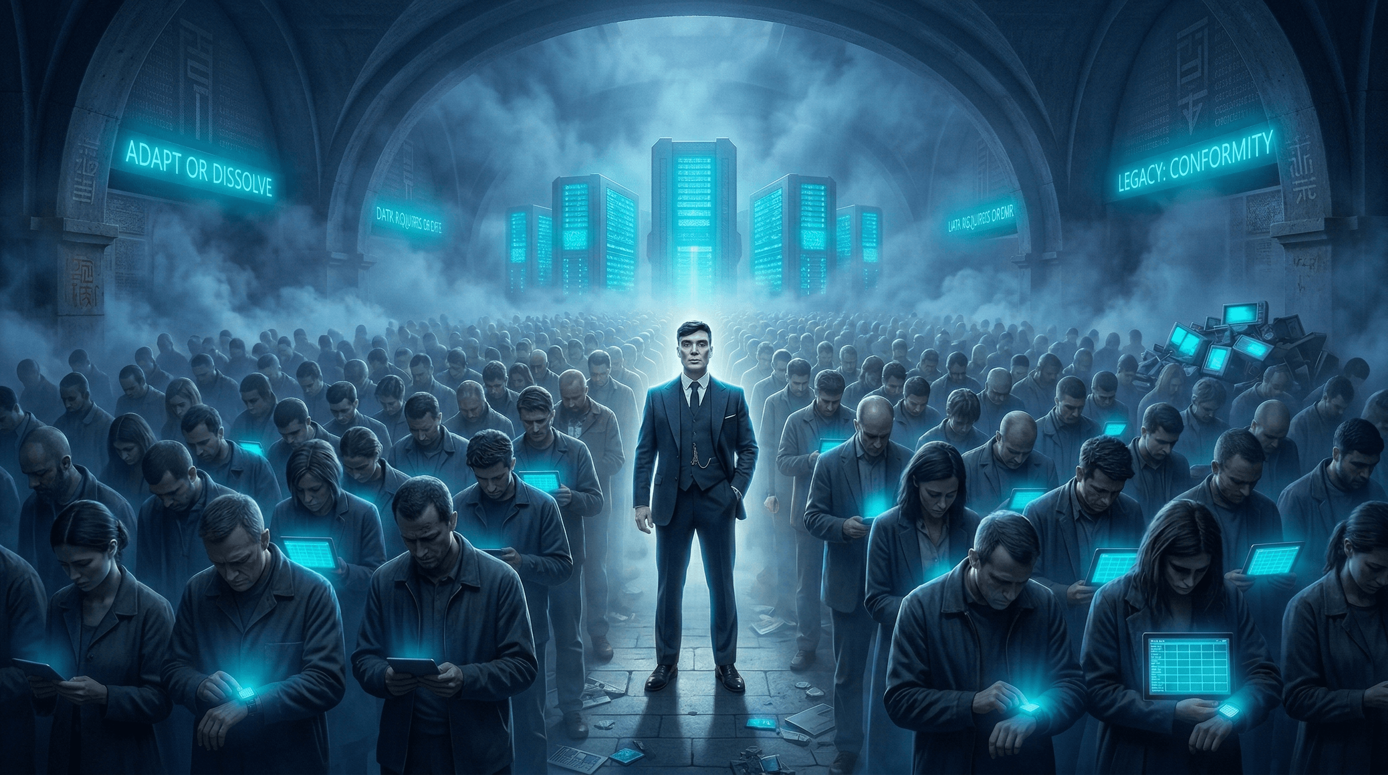 Cinematic landscape art of a confident man in a sharp suit standing amidst a crowd of people in despair, neon cyan and blue lighting, dreamy glowing atmosphere, AI-dominated world theme with futuristic servers and 'Adapt or Dissolve' digital text, conceptual digital art.