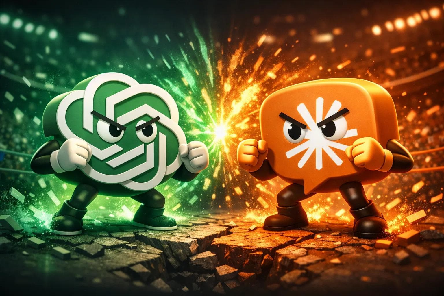 3D cartoon illustration showing ChatGPT and Claude AI logos facing off in a dramatic showdown, symbolizing a comparison between OpenAI ChatGPT and Anthropic Claude.